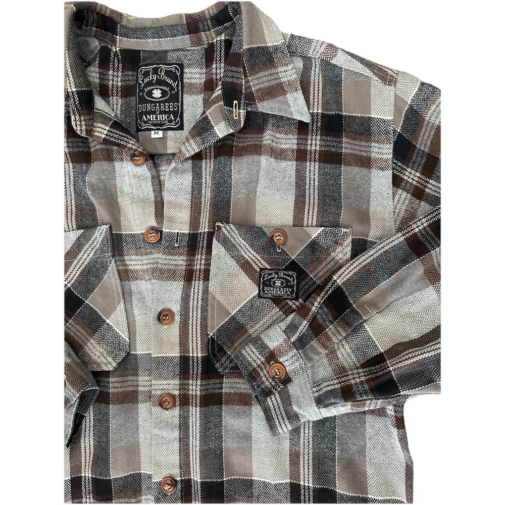LUCKY BRAND Dungarees Of America Flannel Shirt SZ Med Pockets Brown Long Sleeves